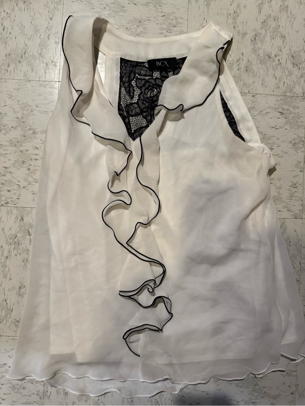 BCX Cream Sleeveless Ruffle Front Top with Black Lace Inset